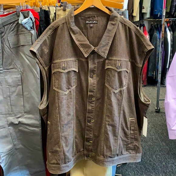 Big and tall DENIM JEAN VEST in  brown khaki tan. - Picture 1 of 3